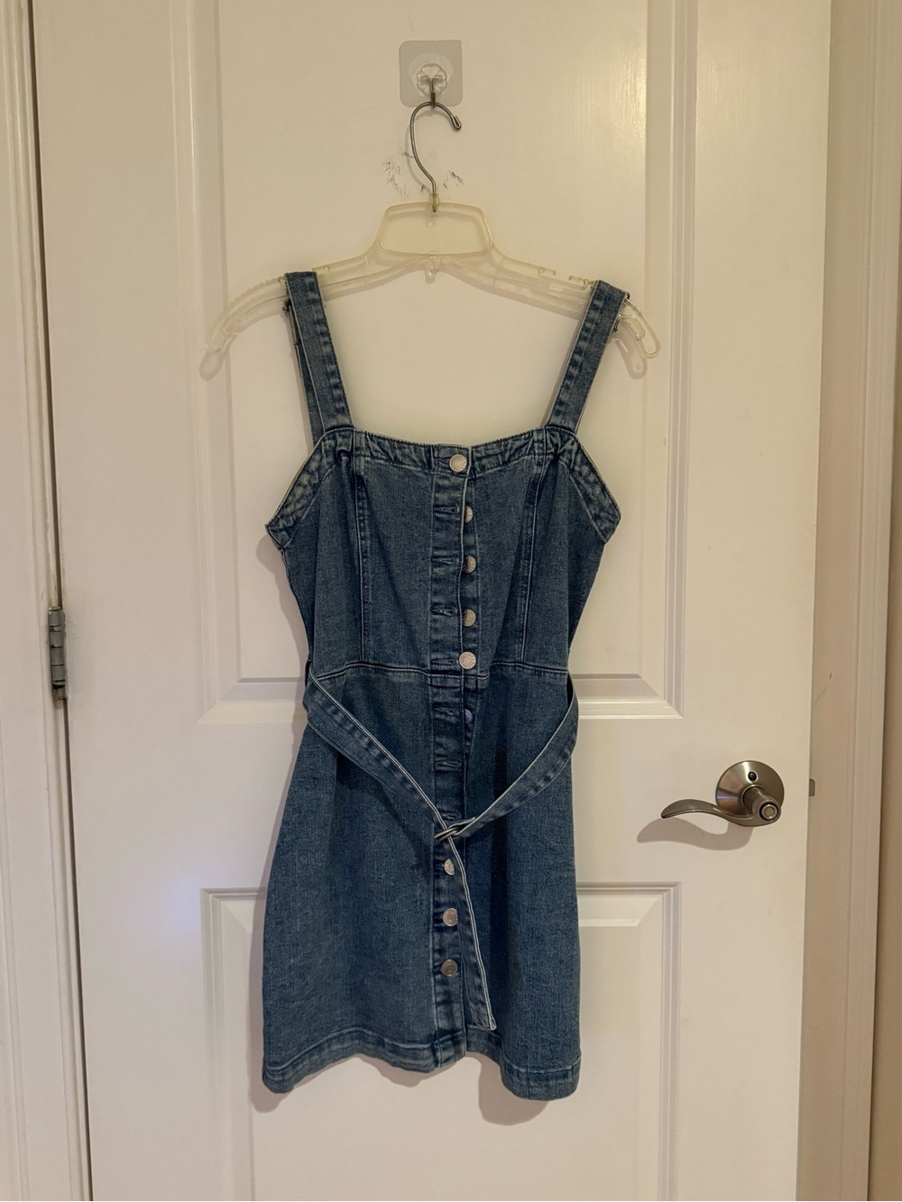 Button-Front Denim Mini Dress with Tie Belt - Blue